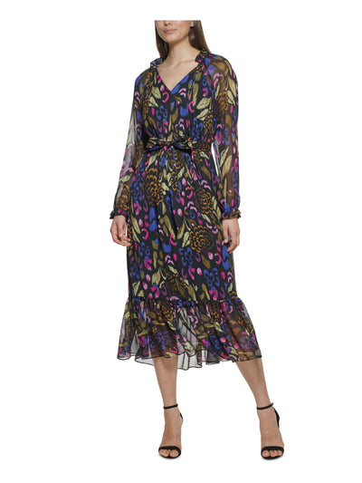 KENSIE DRESSES Womens Black Tie Ruffled Elastic Waist And Cuffs Lined Printed Long Sleeve V Neck Midi Wear To Work Fit + Flare Dress 2