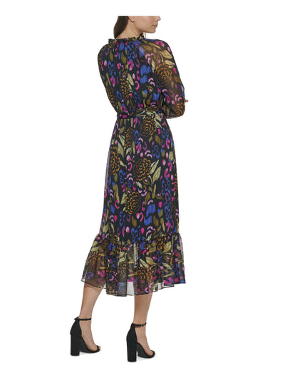 KENSIE DRESSES Womens Black Tie Ruffled Elastic Waist And Cuffs Lined Printed Long Sleeve V Neck Midi Wear To Work Fit + Flare Dress 2