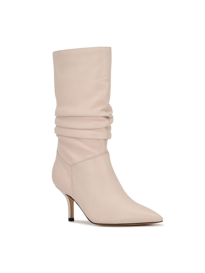 NINE WEST Womens Ivory Ruched Mycki Pointy Toe Stiletto Zip-Up Leather Dress Boots 6.5 M