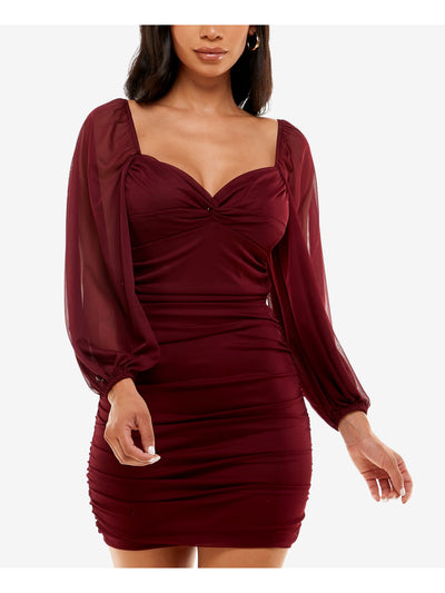 B DARLIN Womens Burgundy Ruched Twist Front Cut Out Tie Back Long Sleeve V Neck Short Party Body Con Dress Juniors XS