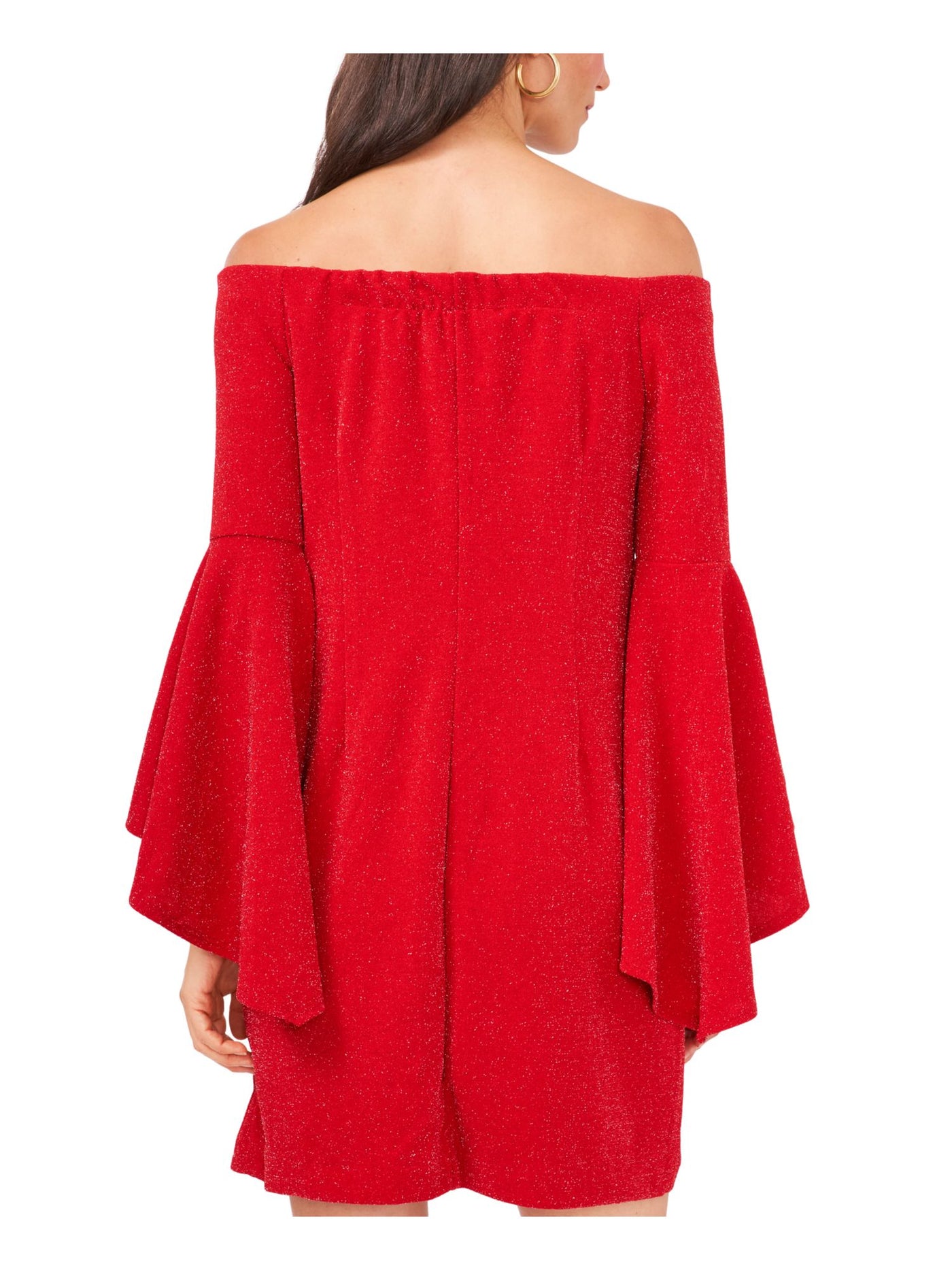 VINCE CAMUTO Womens Red Glitter Pullover Lined Bell Sleeve Off Shoulder Short Cocktail Shift Dress XXS