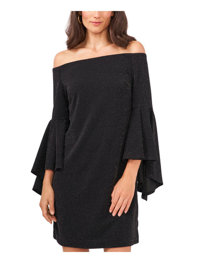 VINCE CAMUTO Womens Black Glitter Pullover Lined Bell Sleeve Off Shoulder Short Cocktail Shift Dress M