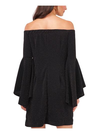 VINCE CAMUTO Womens Black Glitter Pullover Lined Bell Sleeve Off Shoulder Short Cocktail Shift Dress XS