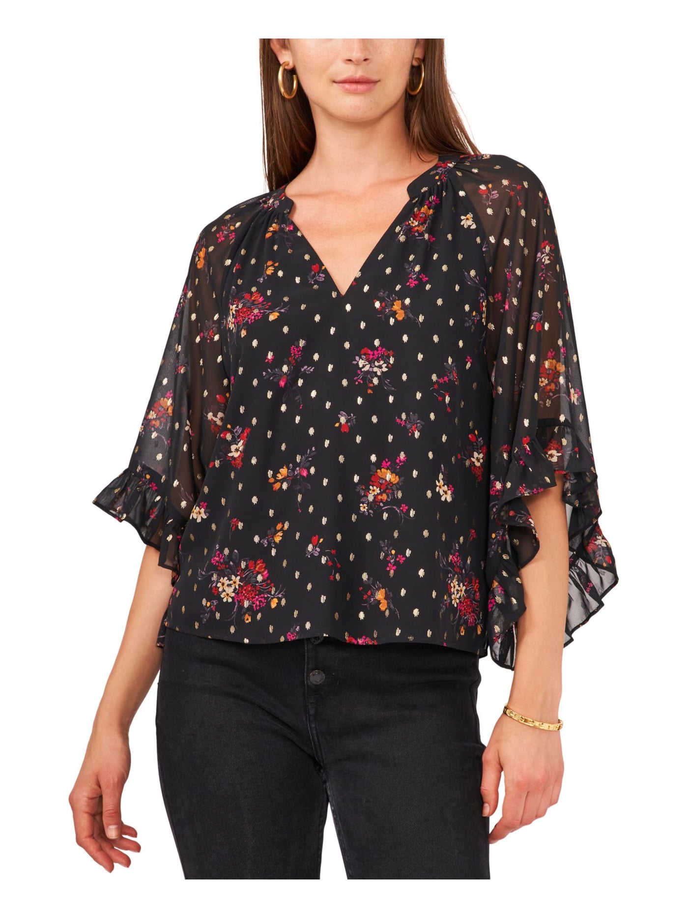 VINCE CAMUTO Womens Black Sheer Lined Floral Bell Sleeve V Neck Top XS