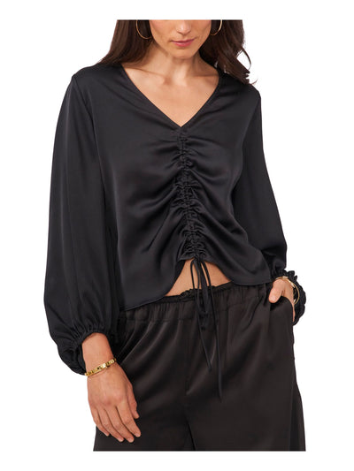 VINCE CAMUTO Womens Black Ruched Tie Sheer Elastic Cuffs Long Sleeve V Neck Cocktail Top XS