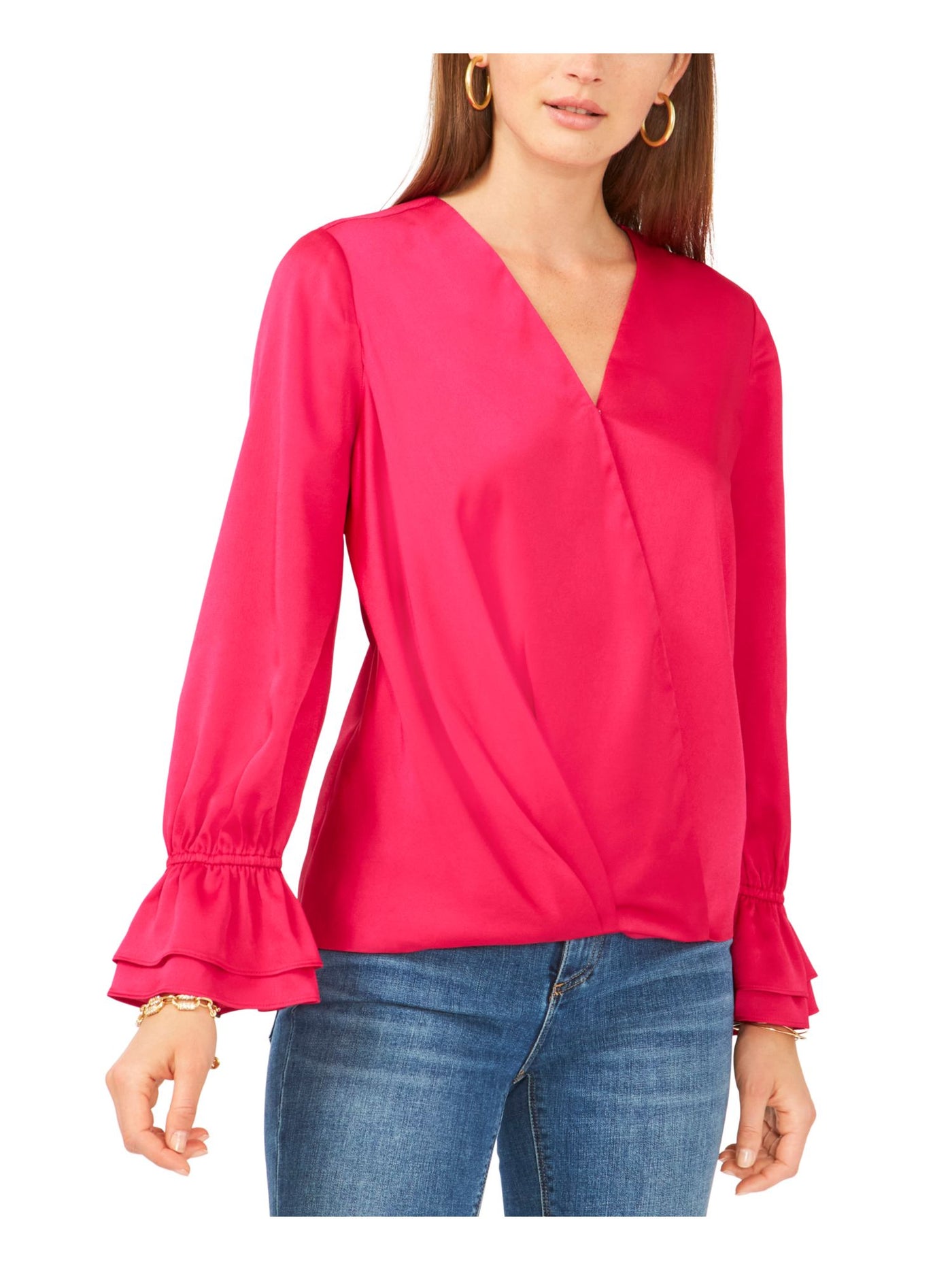 VINCE CAMUTO Womens Pink Pleated Ruffled-cuff Step Hem Long Sleeve Surplice Neckline Faux Wrap Top XXL