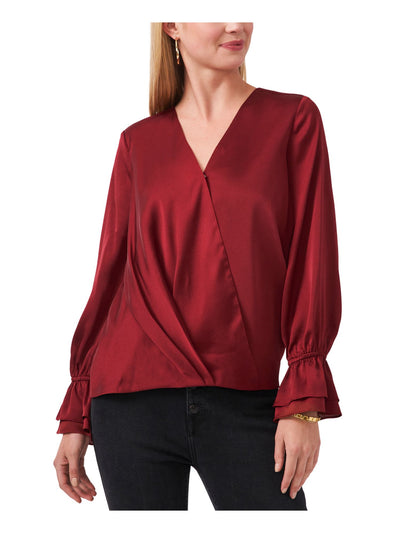 VINCE CAMUTO Womens Maroon Pleated Ruffled-cuff Step Hem Long Sleeve Surplice Neckline Wear To Work Faux Wrap Top S