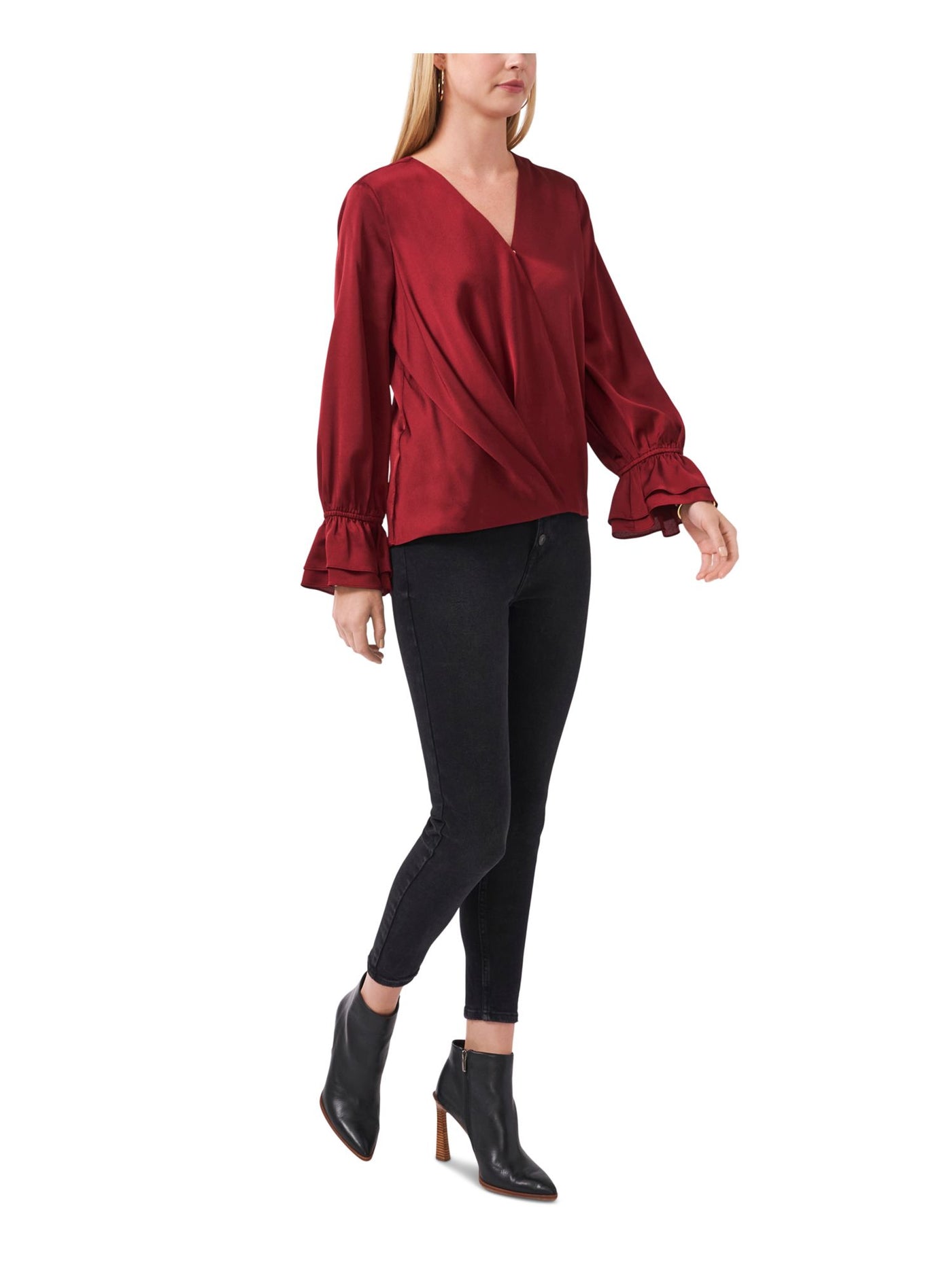 VINCE CAMUTO Womens Maroon Pleated Ruffled-cuff Step Hem Long Sleeve Surplice Neckline Wear To Work Faux Wrap Top XS