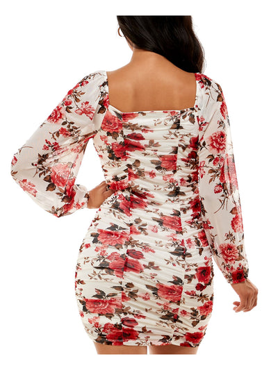 ALMOST FAMOUS Womens Ivory Ruched Sheer Lined Pullover Floral Long Sleeve Square Neck Short Party Body Con Dress S