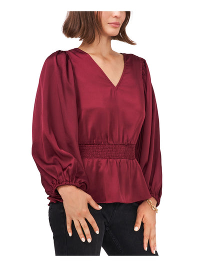 VINCE CAMUTO Womens Maroon Smocked Blouson Sleeve V Neck Wear To Work Peplum Top XS