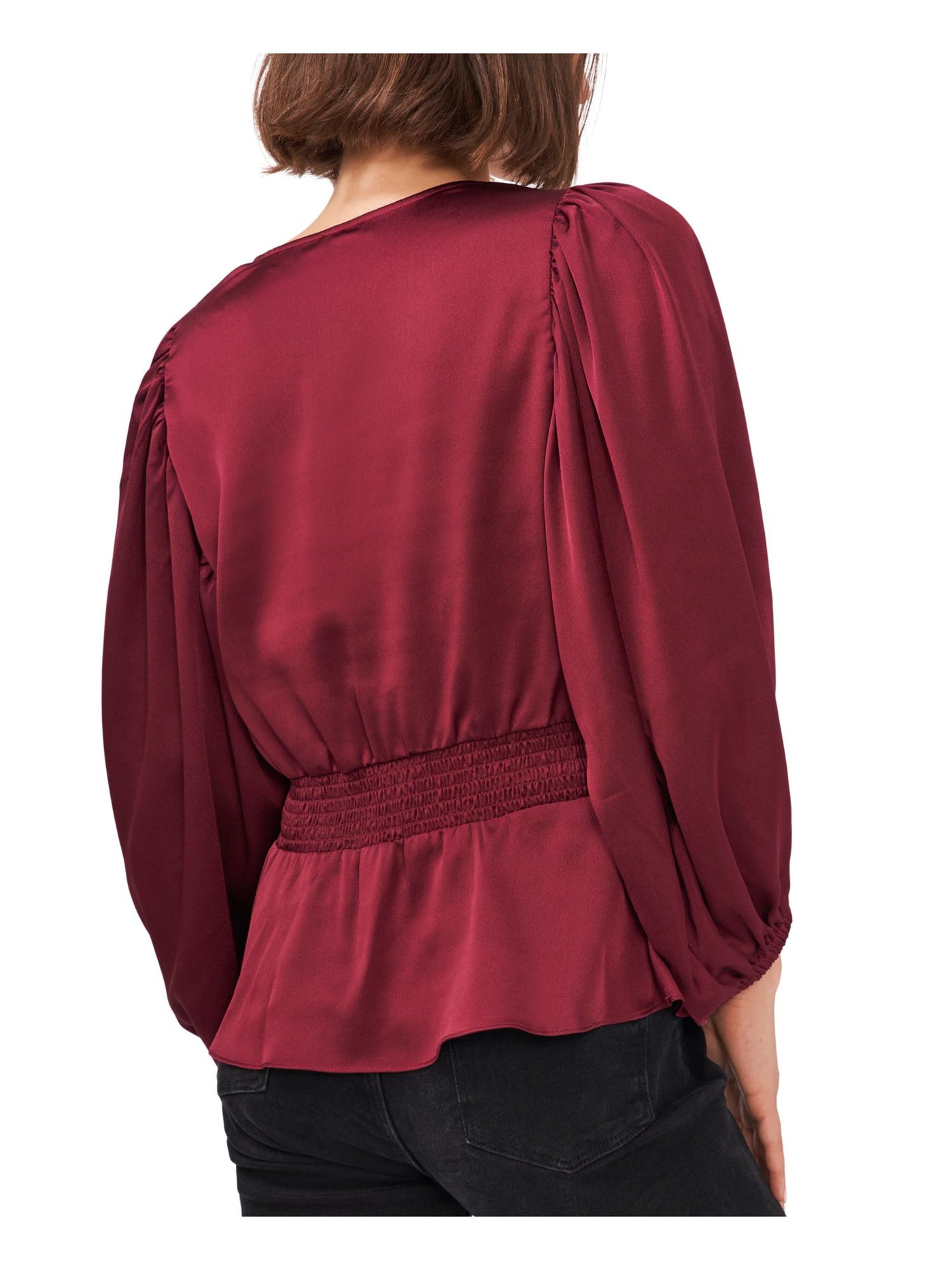 VINCE CAMUTO Womens Maroon Smocked Blouson Sleeve V Neck Wear To Work Peplum Top XS