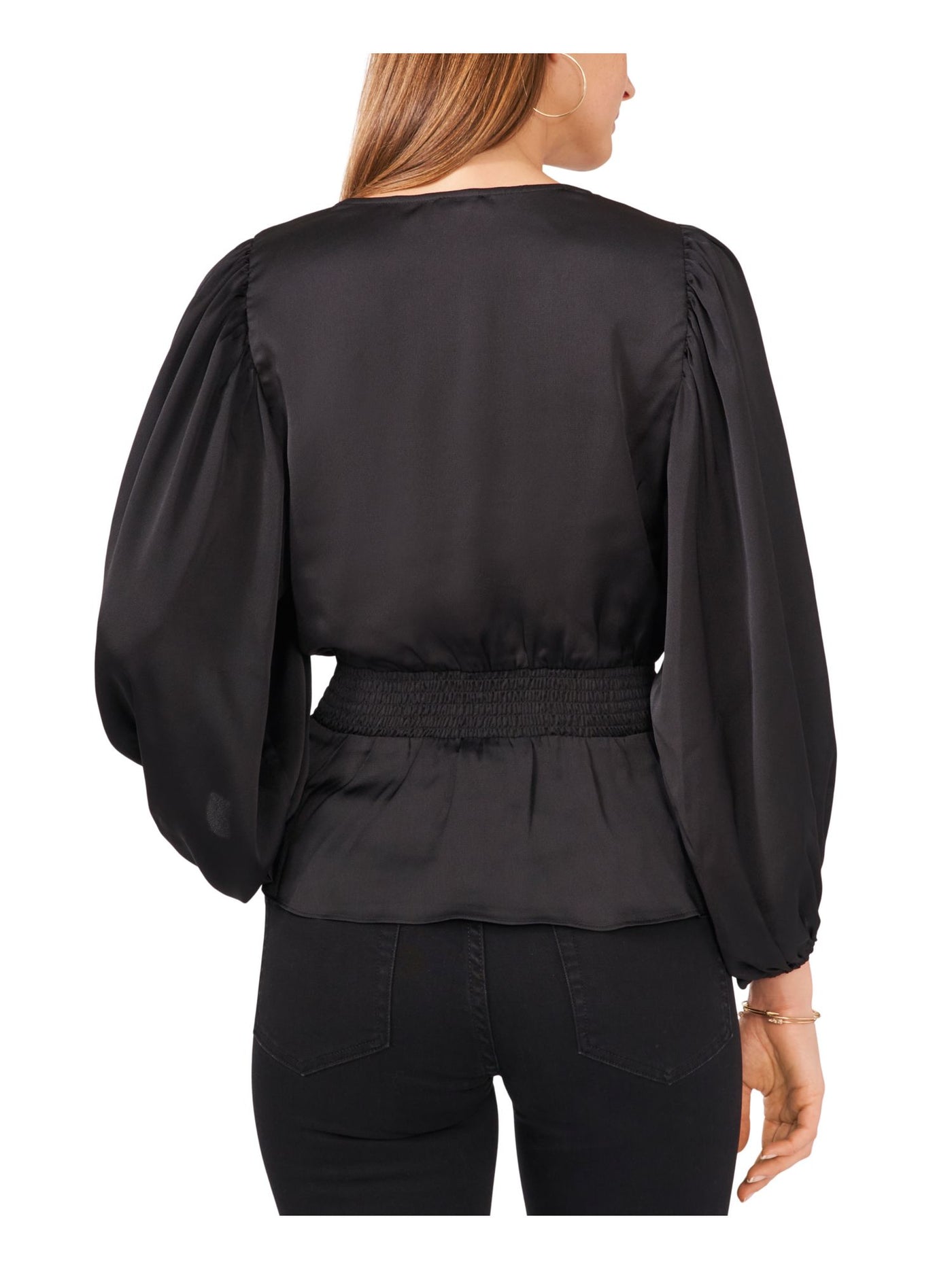 VINCE CAMUTO Womens Black Smocked Blouson Sleeve V Neck Wear To Work Peplum Top XS