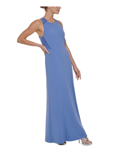 DKNY Womens Blue Zippered Cross Back Scuba Crepe Sleeveless Jewel Neck Full-Length Evening Gown Dress 6