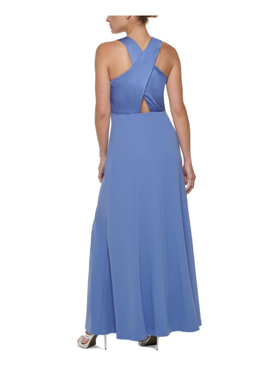 DKNY Womens Blue Zippered Cross Back Scuba Crepe Sleeveless Jewel Neck Full-Length Evening Gown Dress 12