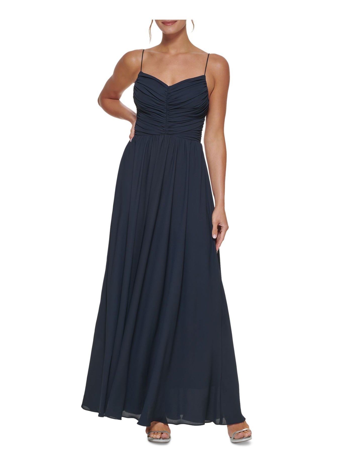 DKNY Womens Navy Ruched Zippered Lined Spaghetti Strap V Neck Full-Length Formal Gown Dress 8