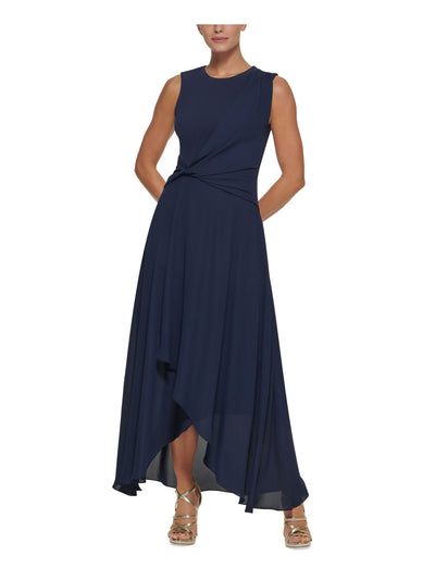 DKNY Womens Navy Stretch Twist Front Zippered Tulip Hem Sleeveless Jewel Neck Full-Length Formal Gown Dress 2