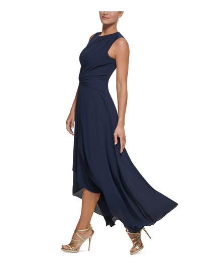 DKNY Womens Navy Stretch Twist Front Zippered Tulip Hem Sleeveless Jewel Neck Full-Length Formal Gown Dress 2