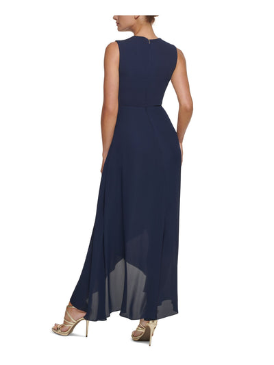 DKNY Womens Navy Stretch Twist Front Zippered Tulip Hem Sleeveless Jewel Neck Full-Length Formal Gown Dress 2