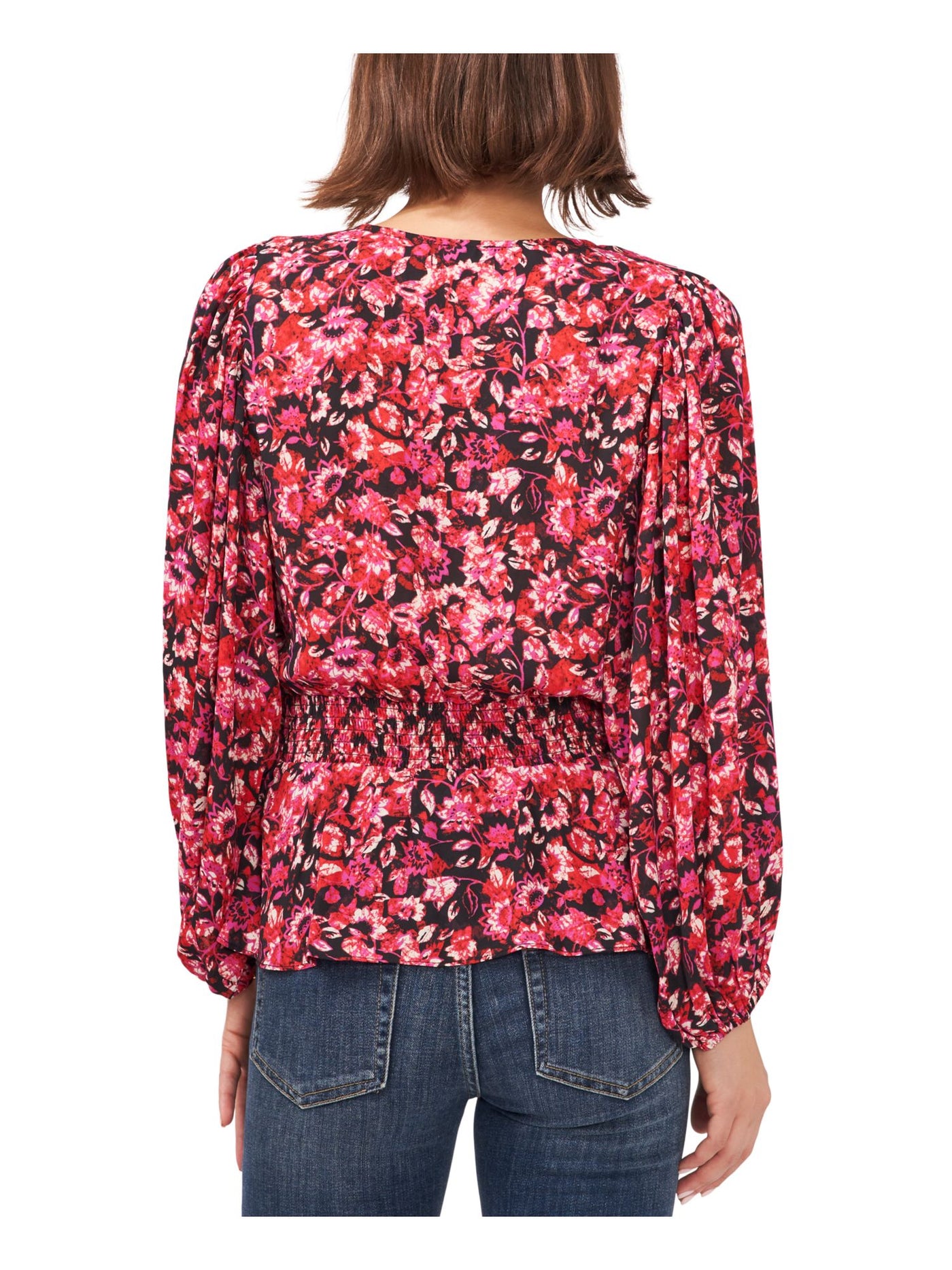 VINCE CAMUTO Womens Red Smocked Floral Blouson Sleeve V Neck Peplum Top S