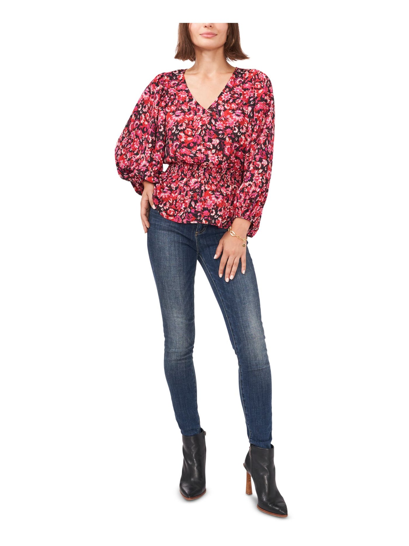 VINCE CAMUTO Womens Red Smocked Floral Blouson Sleeve V Neck Peplum Top M