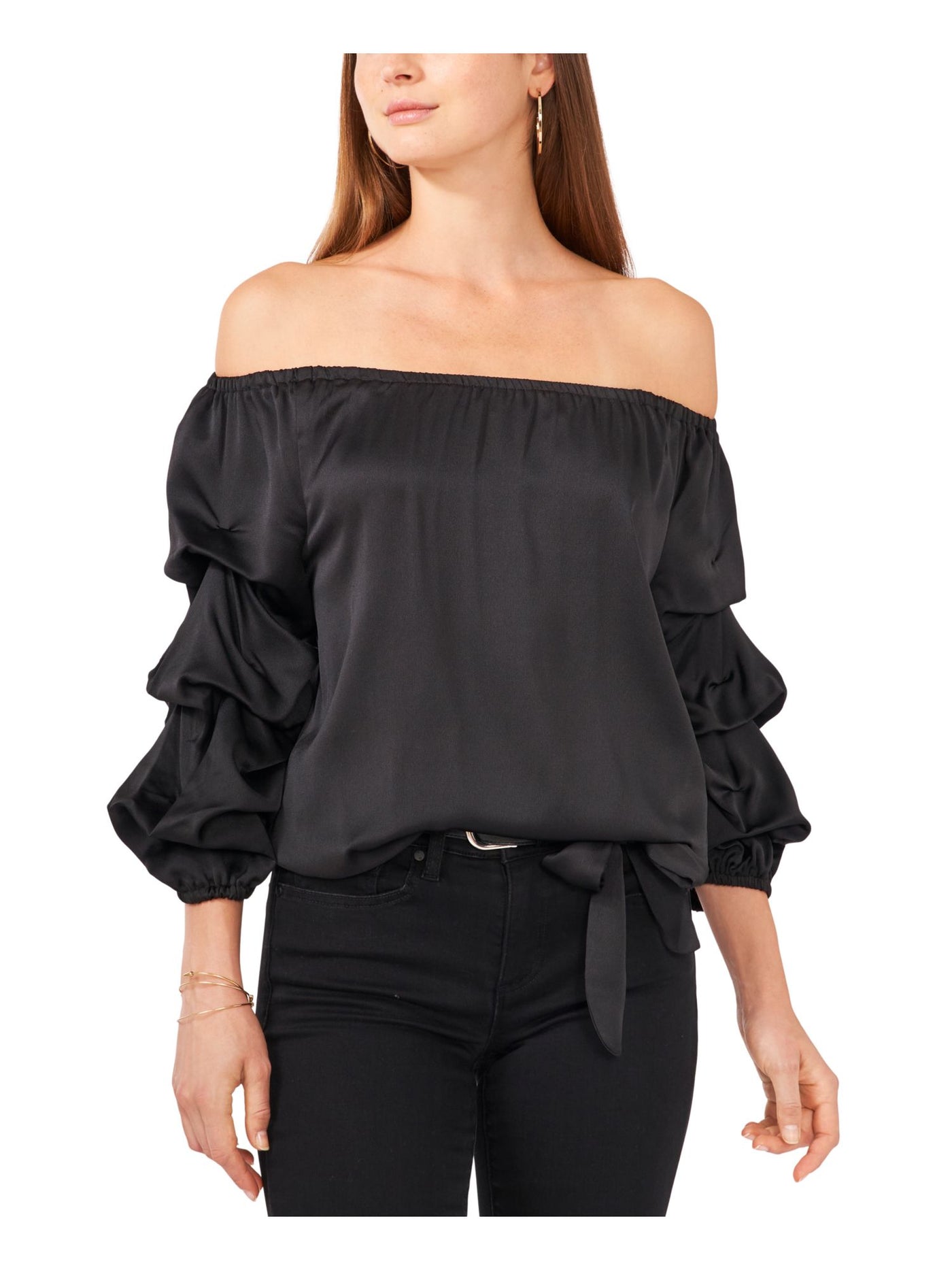 VINCE CAMUTO Womens Black Ruched Pullover Drawstring Waist 3/4 Sleeve Off Shoulder Cocktail Top XS