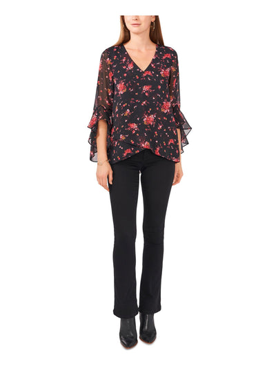 VINCE CAMUTO Womens Black Sheer Metallic Cross Over Hem Lined Floral Flutter Sleeve V Neck Wear To Work Top XS