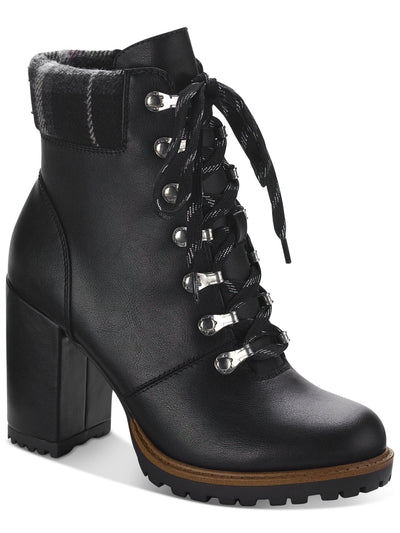 SUN STONE Womens Black Lace Up Padded Cuff Cushioned Lug Sole Octavia Round Toe Block Heel Zip-Up Hiking Boots 7.5