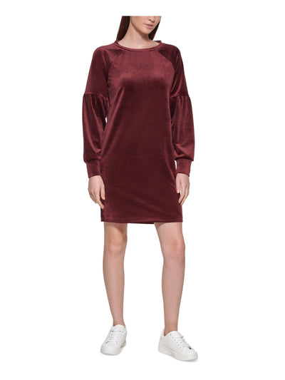 MARC NEW YORK PERFORMANCE Womens Burgundy Stretch Textured Velvet Pullover Pouf Sleeve Jewel Neck Above The Knee Sheath Dress L