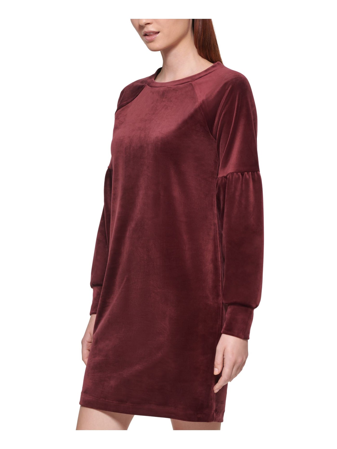 MARC NEW YORK PERFORMANCE Womens Burgundy Stretch Textured Velvet Pullover Pouf Sleeve Jewel Neck Above The Knee Sheath Dress L