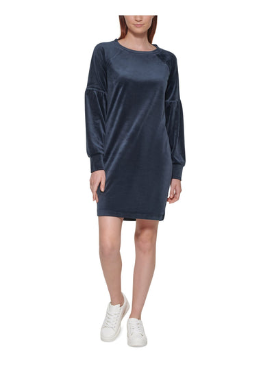 MARC NEW YORK PERFORMANCE Womens Stretch Textured Velvet Pullover Pouf Sleeve Jewel Neck Above The Knee Sheath Dress