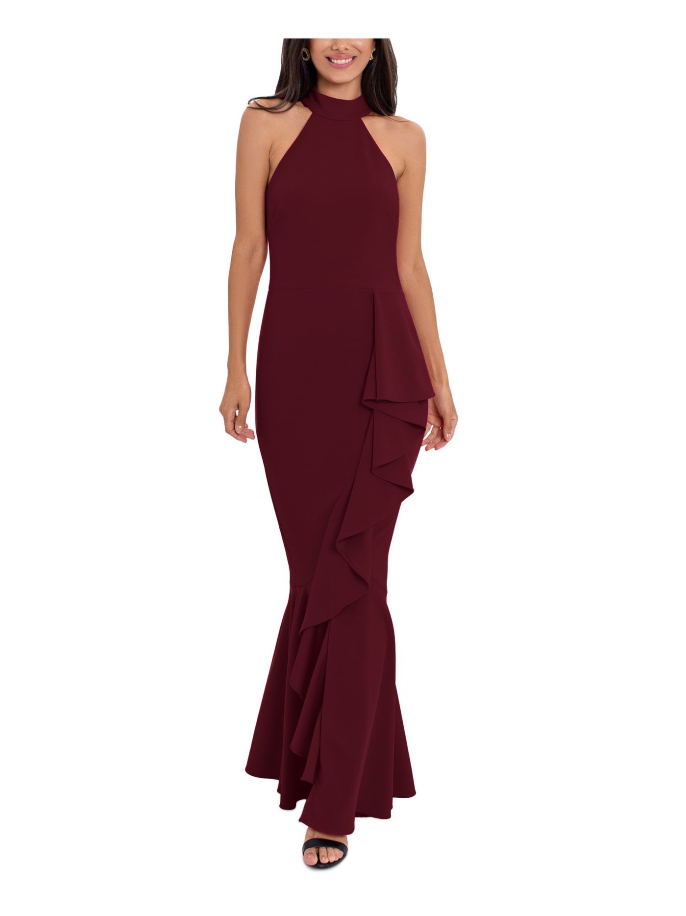 BETSY & ADAM Womens Maroon Zippered Cascading Ruffle Sleeveless Halter Maxi Evening Gown Dress 2