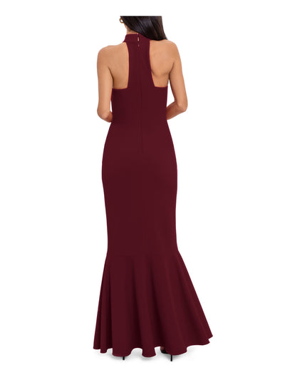 BETSY & ADAM Womens Maroon Zippered Cascading Ruffle Sleeveless Halter Maxi Evening Gown Dress 2