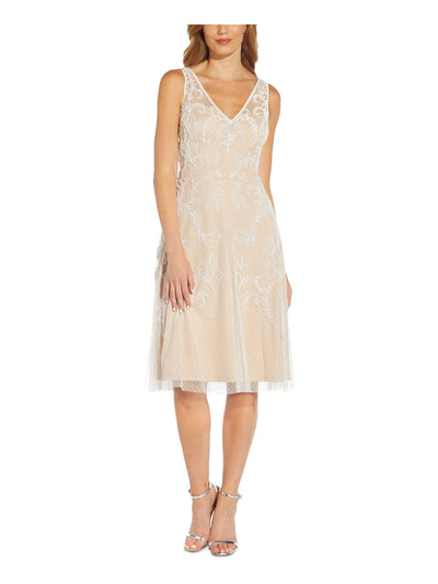 ADRIANNA PAPELL Womens Ivory Beaded Zippered Lined Sleeveless V Neck Below The Knee Party Sheath Dress 10