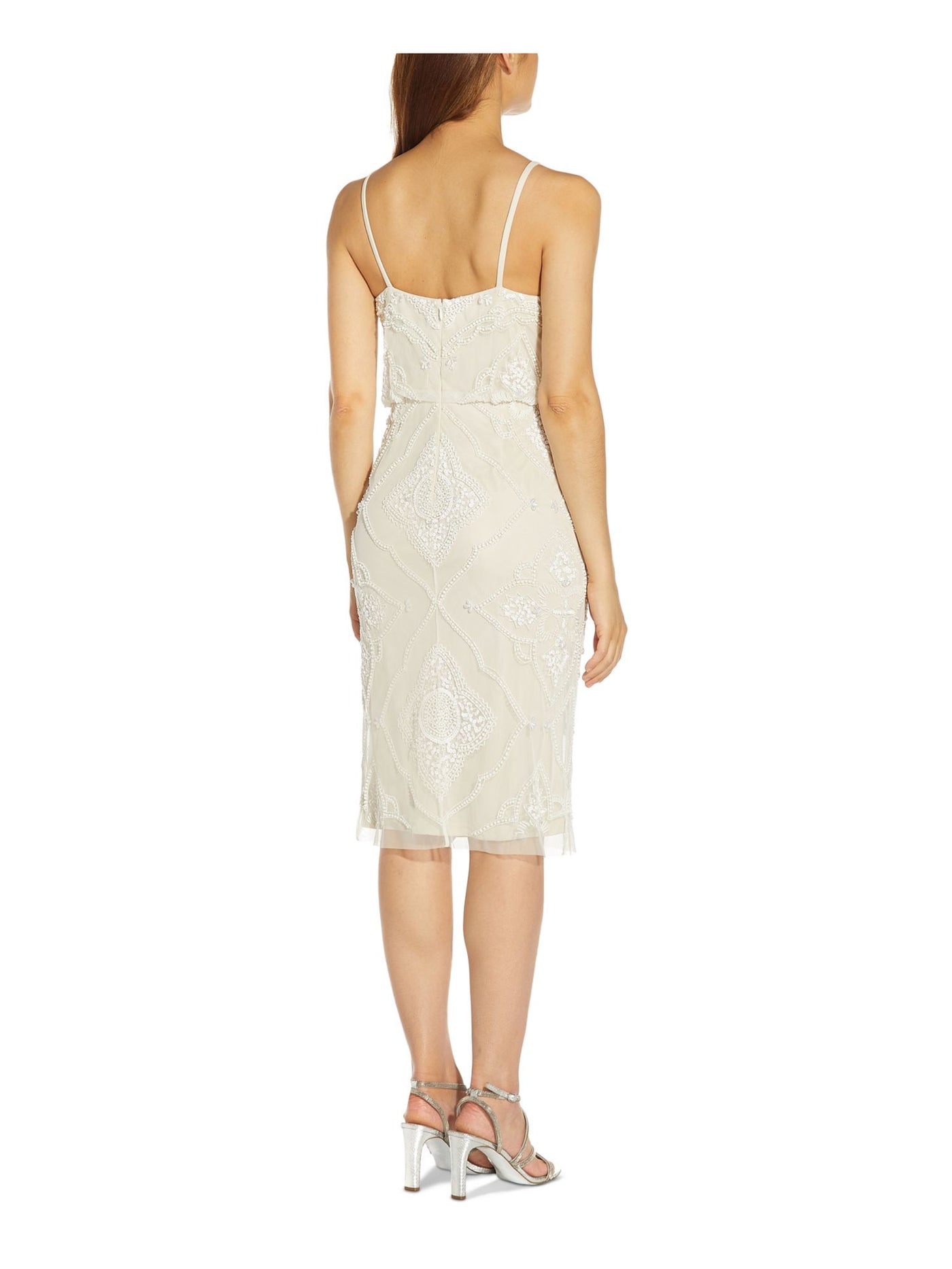 ADRIANNA PAPELL Womens Ivory Beaded Zippered Lined Spaghetti Strap V Neck Below The Knee Party Sheath Dress 2