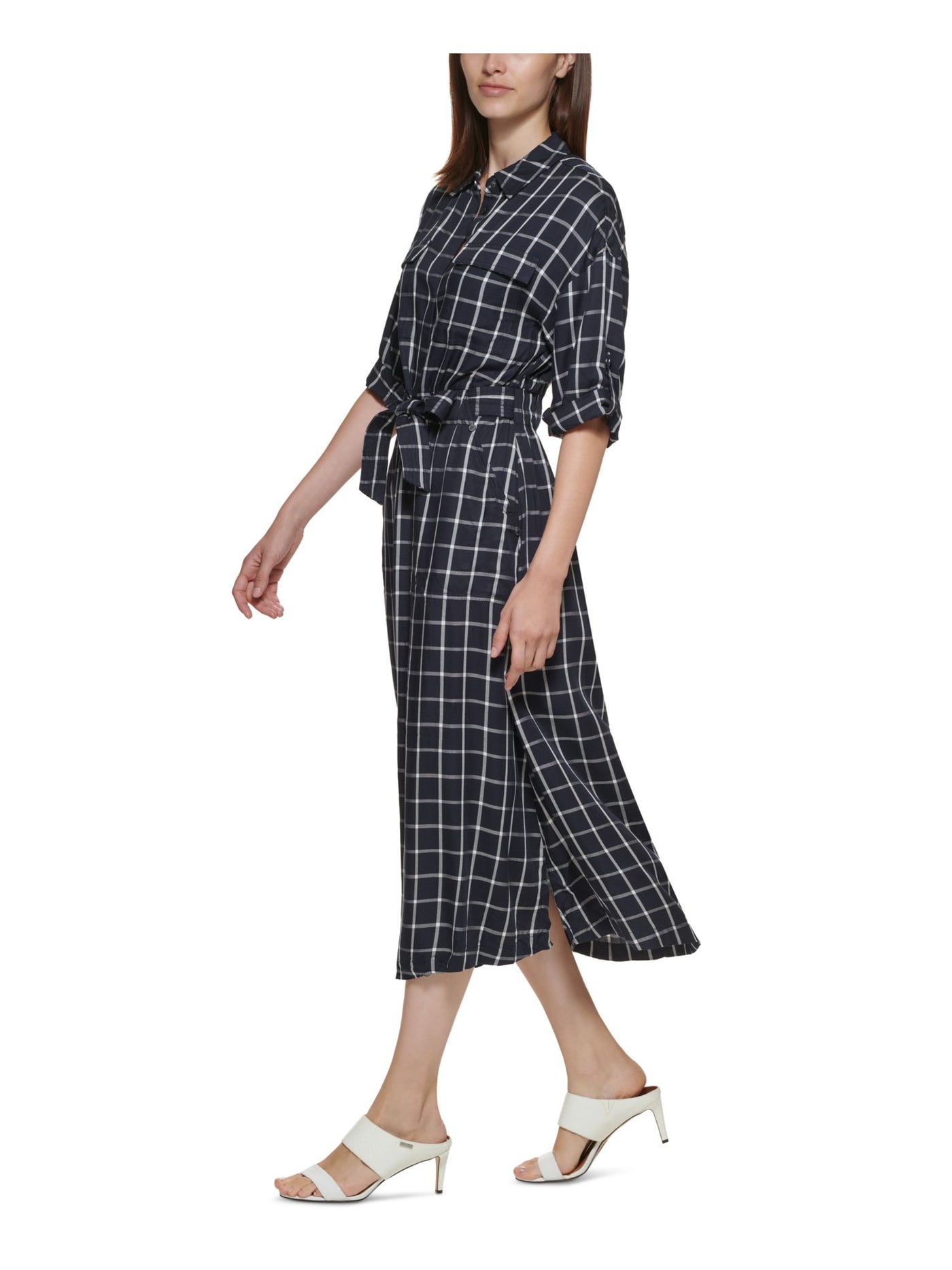 CALVIN KLEIN Womens Navy Tie Unlined Plaid Elbow Sleeve Collared Tea-Length Wear To Work Shift Dress 2