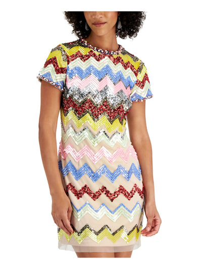 AIDAN AIDAN MATTOX Womens Blue Mesh Zippered Lined Short Sleeve Crew Neck Short Party Shift Dress 6
