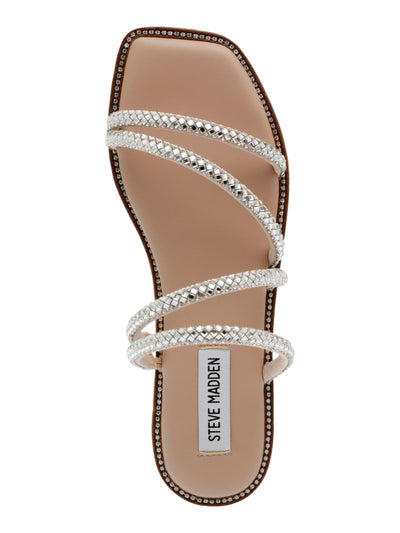 STEVE MADDEN Womens Beige Cushioned Stretch Straps Asymmetrical Rhinestone Starie Square Toe Block Heel Slip On Slide Sandals Shoes 6.5 M