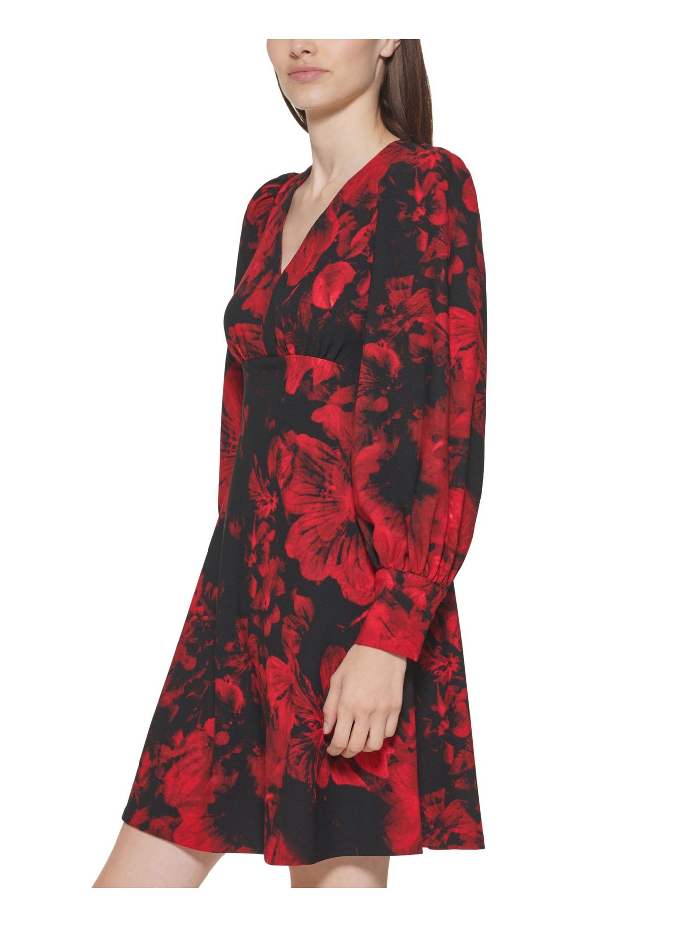 CALVIN KLEIN Womens Red Stretch Zippered Pleated Scuba Crepe Floral Long Sleeve V Neck Short Party Fit + Flare Dress 2