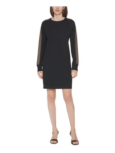 CALVIN KLEIN Womens Black Knit Embellished Ribbed Studded Pullover Style Long Sleeve Crew Neck Above The Knee Wear To Work Sweatshirt Dress L