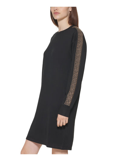CALVIN KLEIN Womens Black Knit Embellished Ribbed Studded Pullover Style Long Sleeve Crew Neck Above The Knee Wear To Work Sweatshirt Dress L