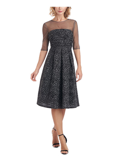 JS COLLECTION Womens Black Mesh Zippered Sequined Shirred Bodice Lined Floral Elbow Sleeve Illusion Neckline Knee Length Party Fit + Flare Dress 14