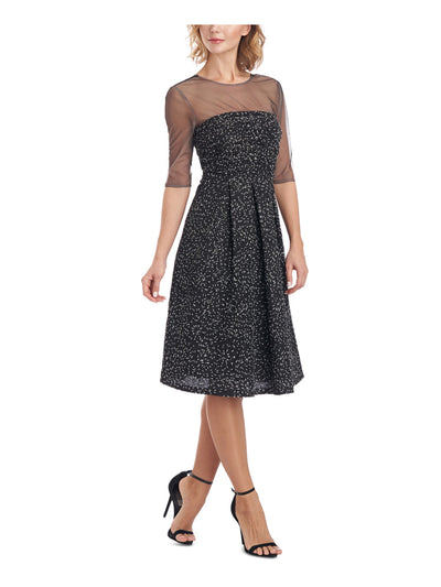 JS COLLECTION Womens Mesh Zippered Sequined Shirred Bodice Lined Elbow Sleeve Illusion Neckline Knee Length Party Fit + Flare Dress