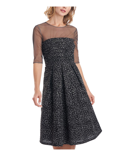 JS COLLECTION Womens Black Mesh Zippered Sequined Shirred Bodice Lined Floral Elbow Sleeve Illusion Neckline Knee Length Party Fit + Flare Dress 14