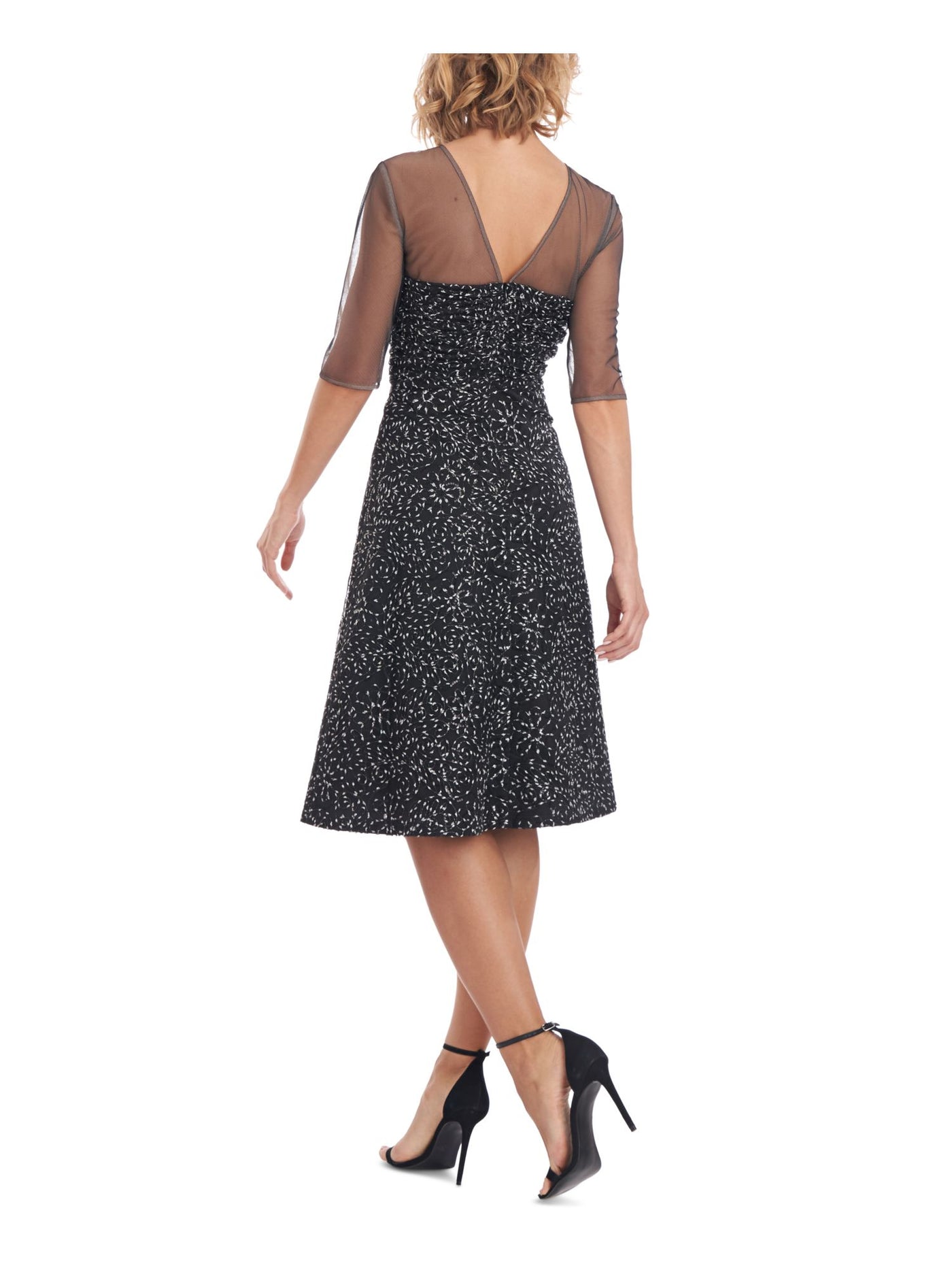 JS COLLECTION Womens Black Mesh Zippered Sequined Shirred Bodice Lined Floral Elbow Sleeve Illusion Neckline Knee Length Party Fit + Flare Dress 12