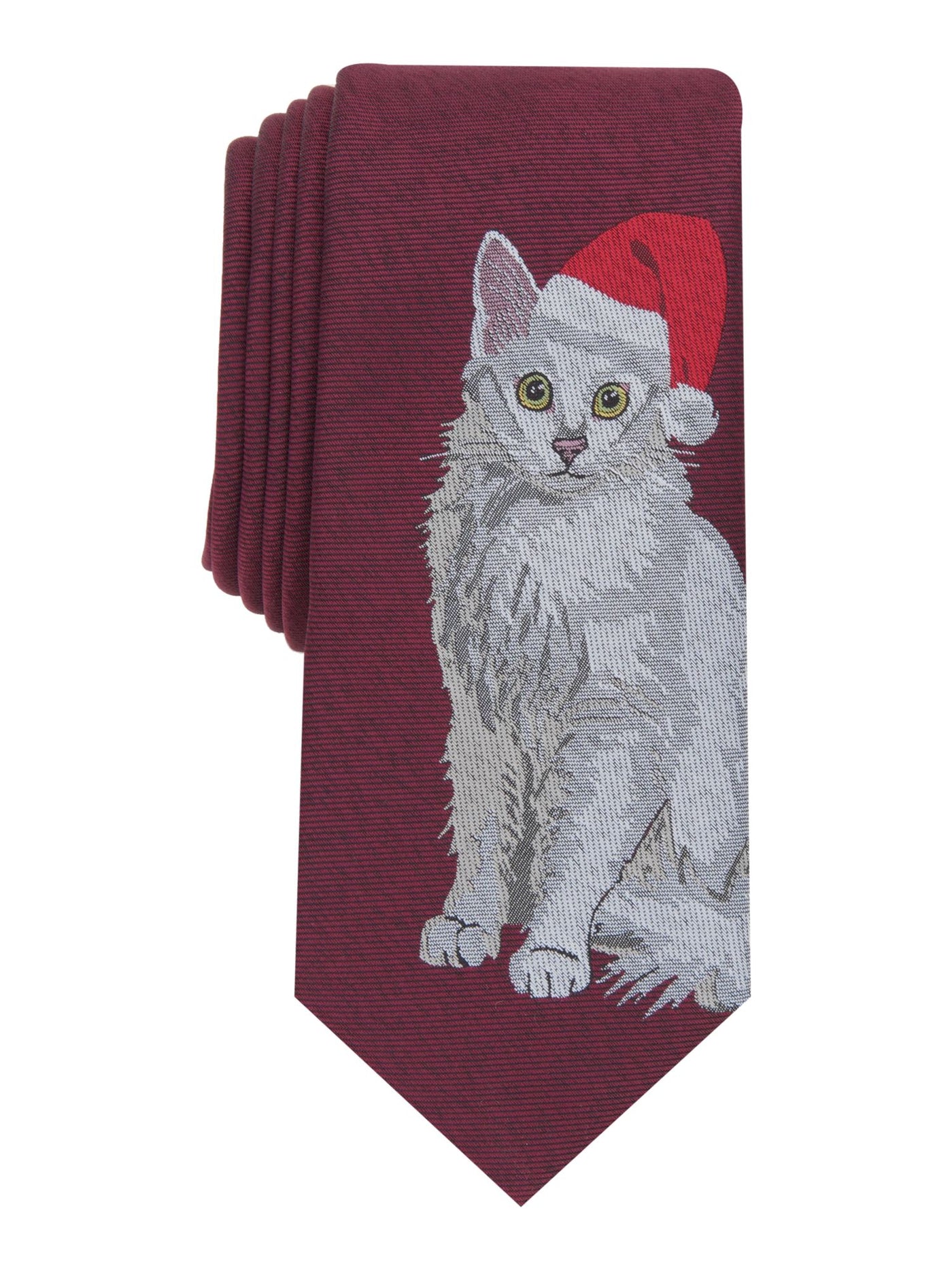 BAR III Mens Burgundy Graphic Holiday Kitty Slim Neck Tie