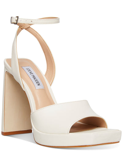 STEVE MADDEN Womens White Ankle Strap Padded Propel Square Toe Block Heel Buckle Leather Dress Heeled Sandal 5.5 M