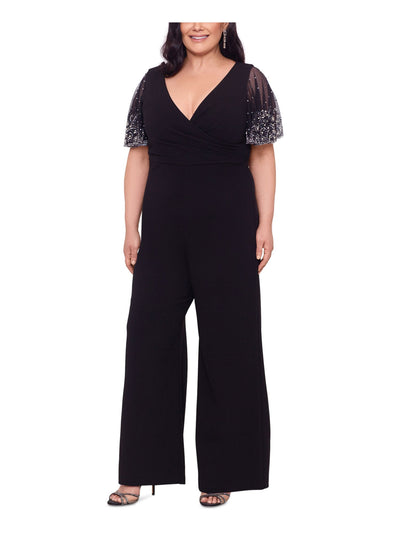 BETSY & ADAM Womens Black Stretch Embellished Zippered Pleated Flutter Sleeve V Neck Party Wide Leg Jumpsuit Plus 22W