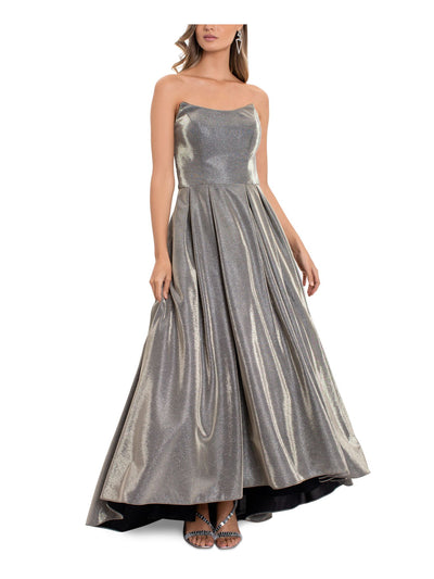 BETSY & ADAM Womens Silver Pocketed Zippered Tulle Pleated Boning Hi Lo Hem Sleeveless Strapless Full-Length Formal Gown Dress 0