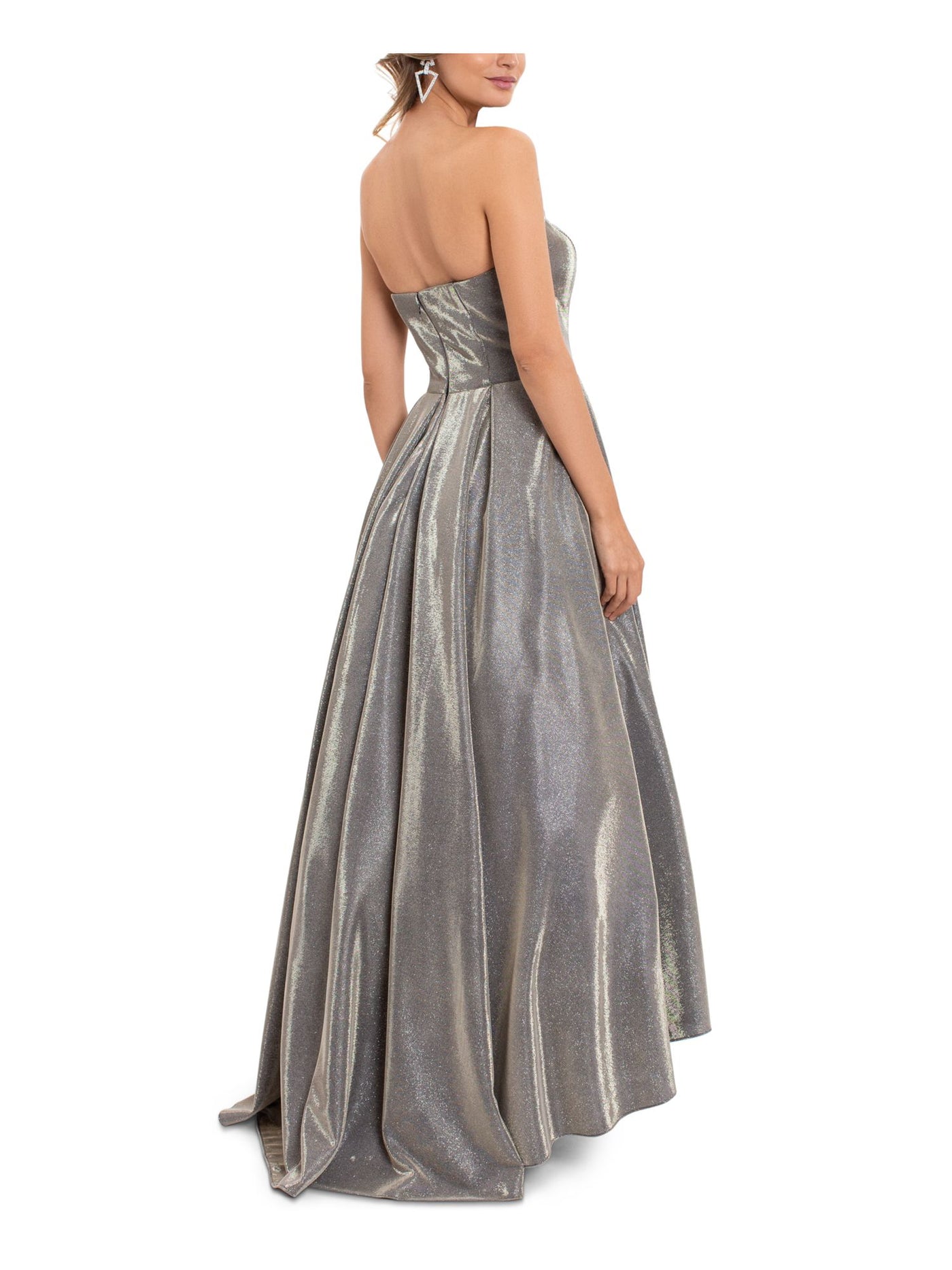 BETSY & ADAM Womens Silver Pocketed Zippered Tulle Pleated Boning Hi Lo Hem Sleeveless Strapless Full-Length Formal Gown Dress 4