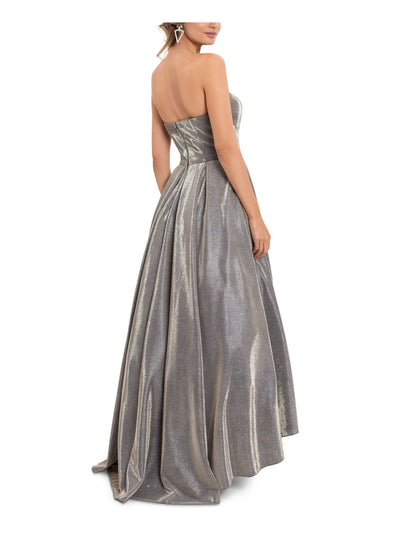 BETSY & ADAM Womens Silver Pocketed Zippered Tulle Pleated Boning Hi Lo Hem Sleeveless Strapless Full-Length Formal Gown Dress 0